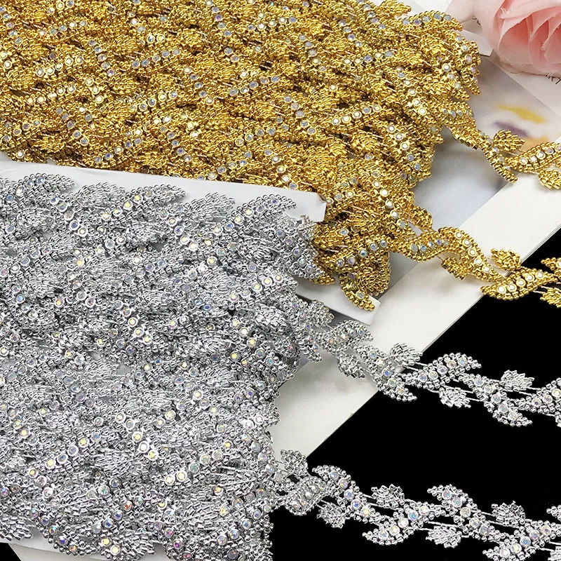 8 Yards 2cm Wide Premium Leaf Rhinestone Chain Lace Trim for Bridal Gown Wedding Dress DIY Sewing Craft Garment Home Decoration