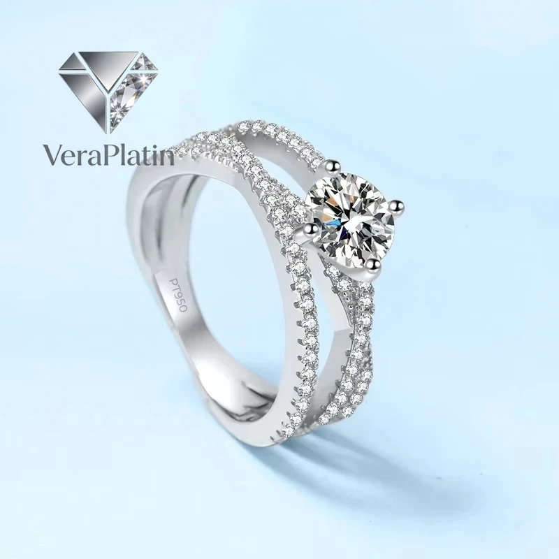 

VeraPlatin Wedding Band Platinum PT950 Cross Rings for Women Engagement VVS1 D Color 1ct Moissanite Diamond Girl Birthday Gift F