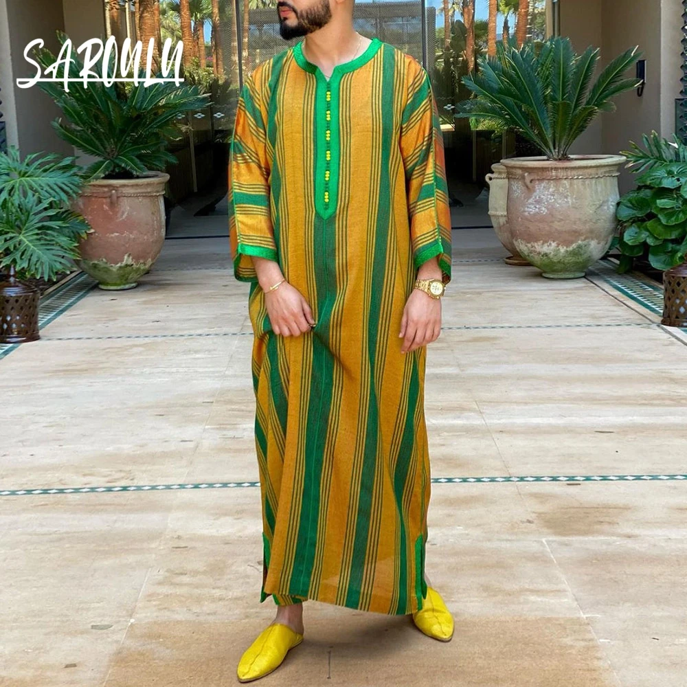 

Saudi Arabia Man Yellow Striped Shirts In Stock Daily Date Party For African Men Robe Loose Elegant Long Sleeves Popular Wear