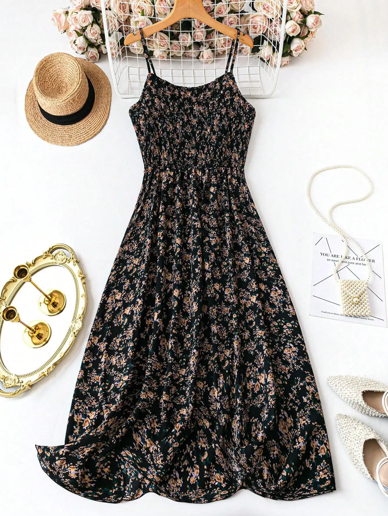 

Платье макси с цветочным принтом и бретелями на талии для женщин, повседневный стиль для отпуска