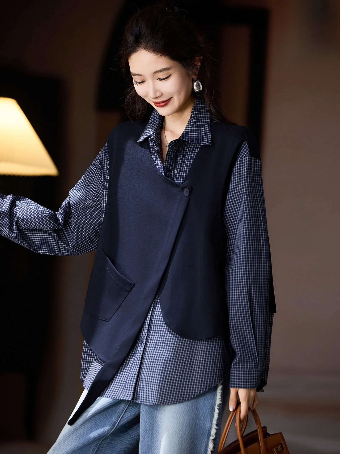 

Модная женская рубашка в клетку свободного кроя от SuMu, осенняя новинка, уличный стиль, с длинным рукавом, средней длины, повседневная, из смесового полиэстера