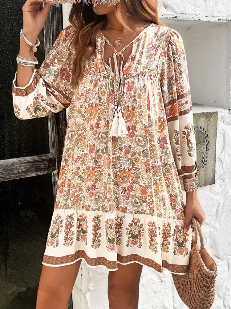 

Women's Dress Bohemian Style Casual V-Neck Lace Up Printed Short Skirt Summer New Women's Casual Elegant Loose Long Sleeve Dress