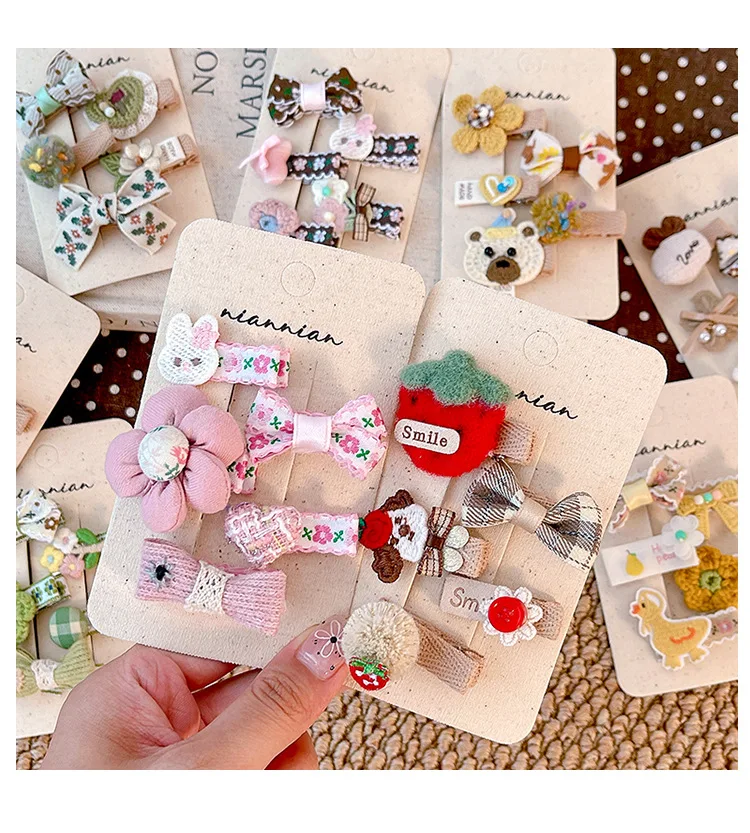 5-teiliges Set handgefertigter Stoff-Haarspangen für Kleinkinder, rutschfeste Haarspangen im Vintage-Cottage-Stil, Haaraccessoires für Kinder – Detail 8