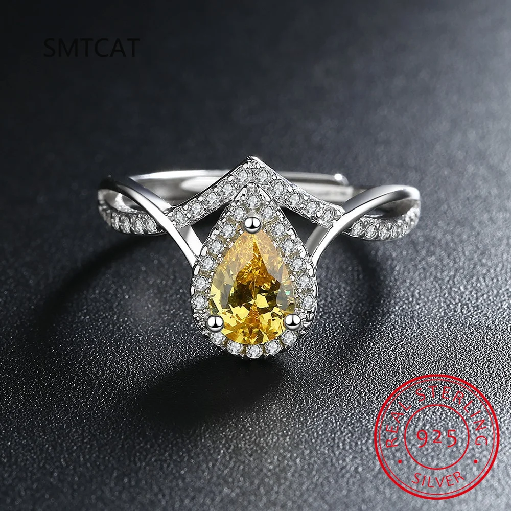 Pear Cut Natural Yellow Citrine 925 Sterling Silver Water Drop Open Adjustable Ring for Women Statement Gemstone Fine Jewelry