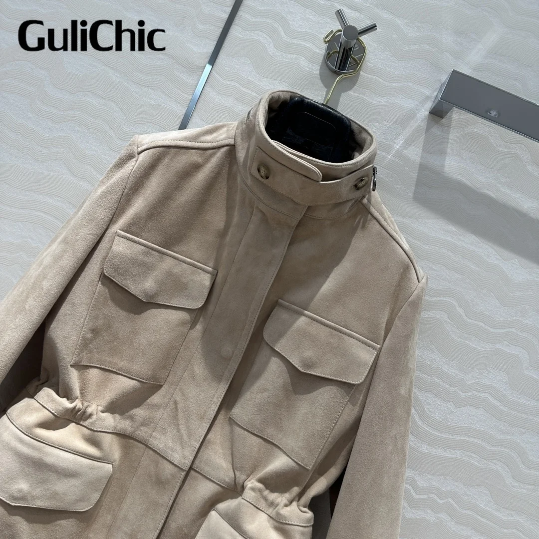 8.20 GuliChic High Quality Fashion Casual Traveller Outerwear Women Drawstring Collect Waist Temperament Genuine Leather Jacket