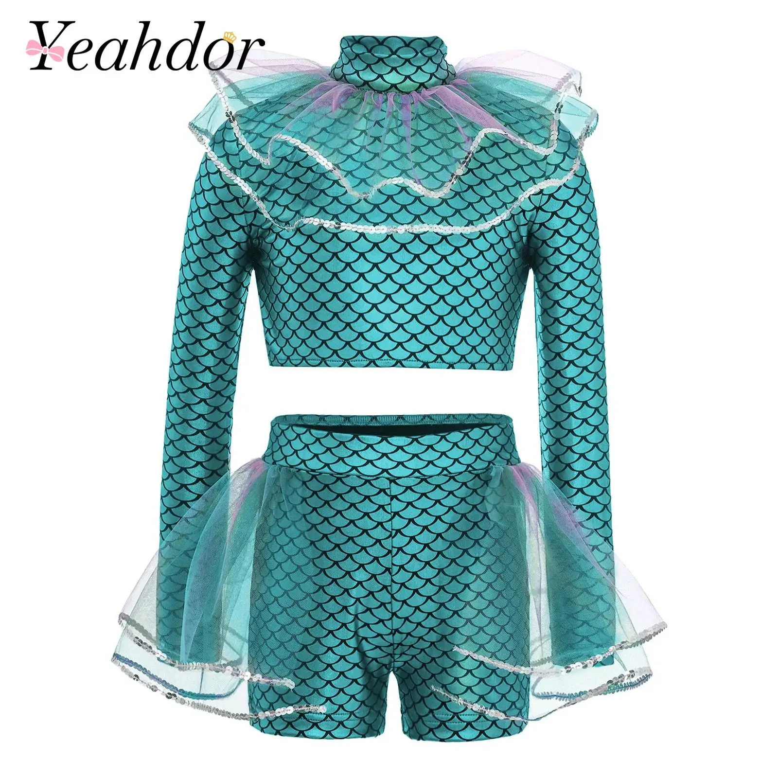 Girls School Show Mermaid Cosplay Costume Fish Scales Print Mesh Sequins Crop Top + Shorts Set Performance Party Costume Outfit