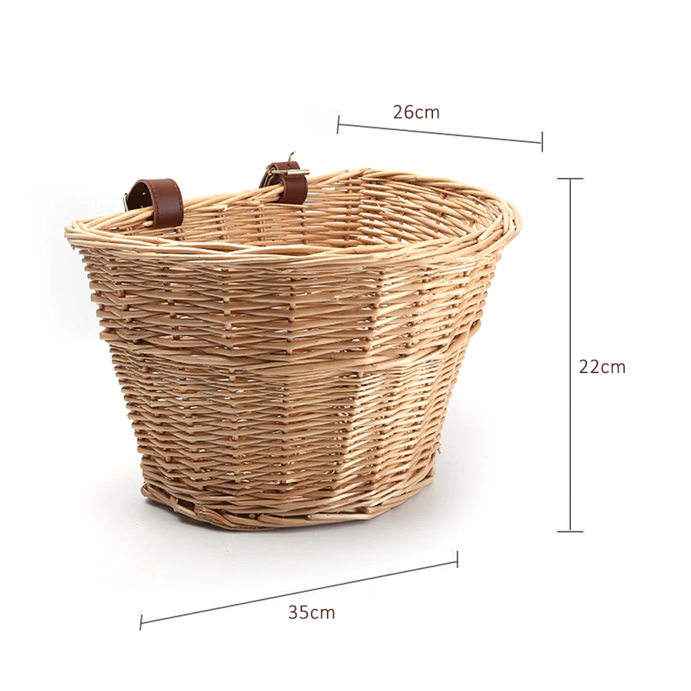 Wicker Basket for Mountain Bikes - Vintage D-Shaped Front Basket with Leather Straps, Handwoven Rattan Material, 36*26*22cm Size