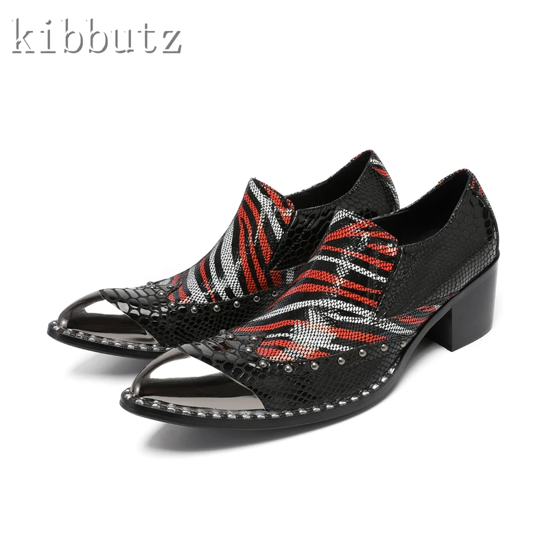 Genuine Leather Mixed Colors Oxford Shoes for Men Pointed Toe Slip On High Heels Metal Toe Rivets Dress Office Wedding Shoes