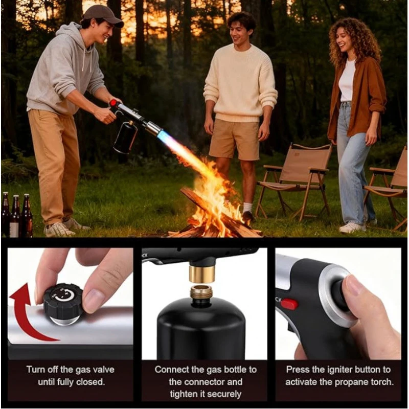 

High-temperature torch lighter with adjustable igniter, flame and safety lock, suitable for lighting charcoal for barbecue cook