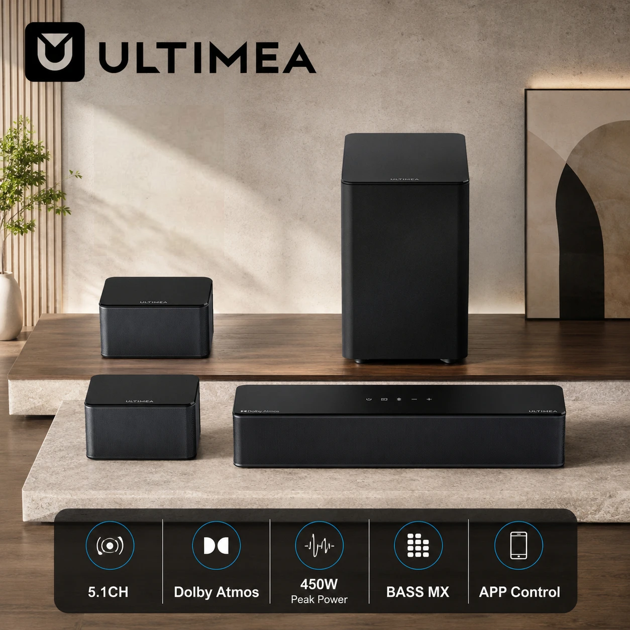 Barra de Sonido con Subwoofer Inalámbrico Barra de Sonido ULTIMEA 5.1 Dolby Atmos para Smart TV, Barra de Sonido de 450W con Subwoofer