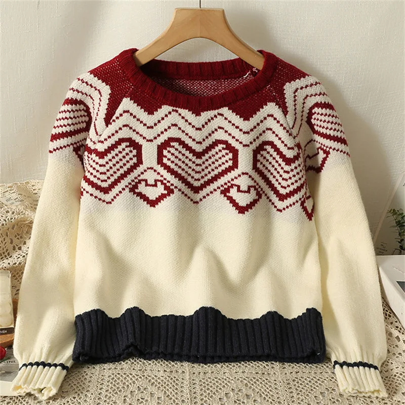 Contrast Color Love Retro Jacquard Sweater Women's Winter New Korean Edition Lazy Loose Round Neck Knit