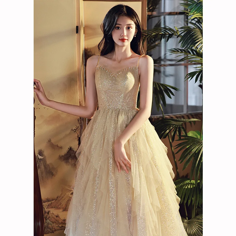 

Active Girl Graduation Prom Gown Women's Yellow Bling Sequins Tulle Evening Dress Exquisite Ruched A-Line Formal Banquet Dresses