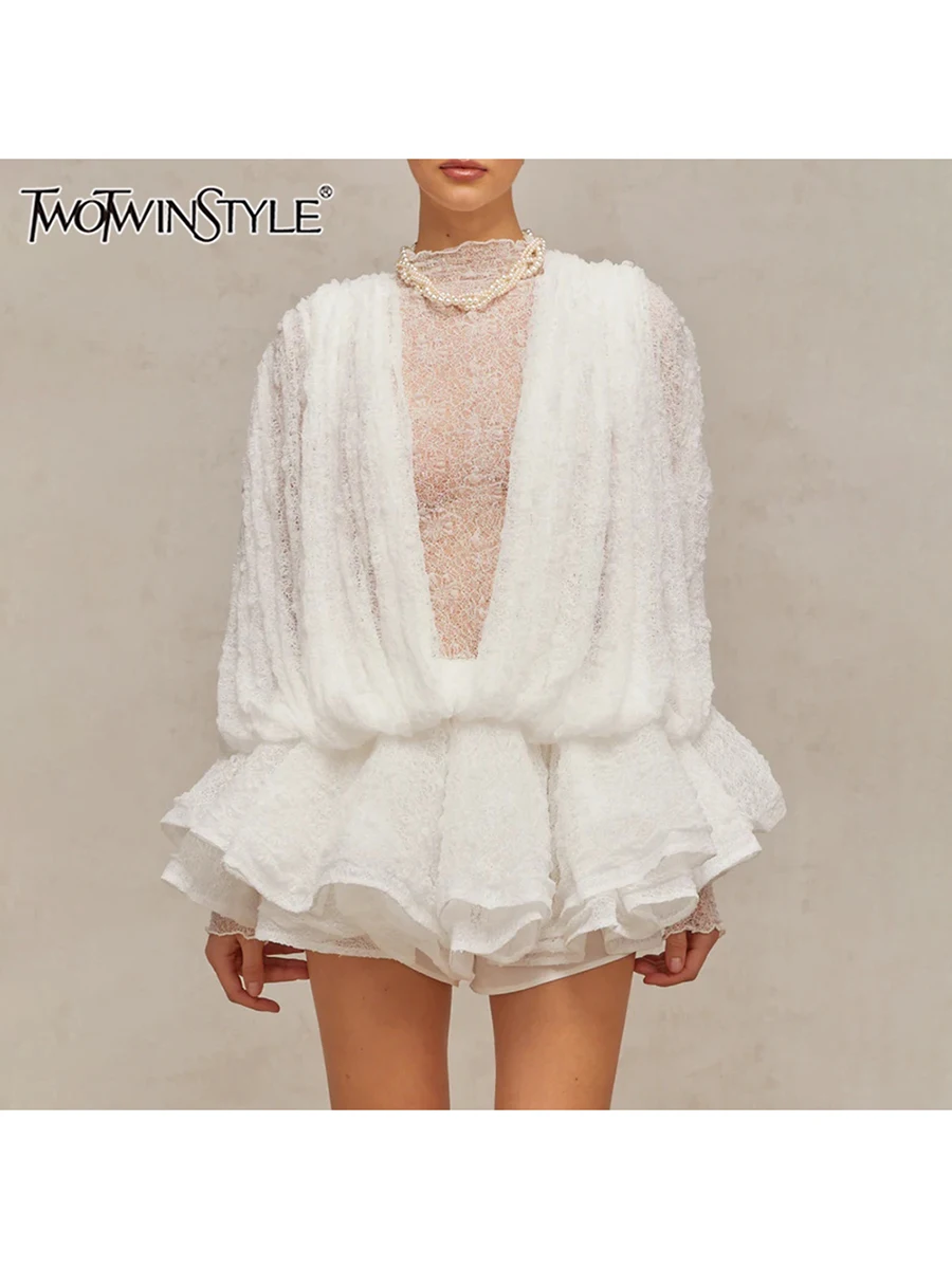 TWOTWINSTYLE Solid Loose Chic Mini Dresses For Women O Neck Long Sleeve High Waist Temperament Mini Dress Female Fashion Style