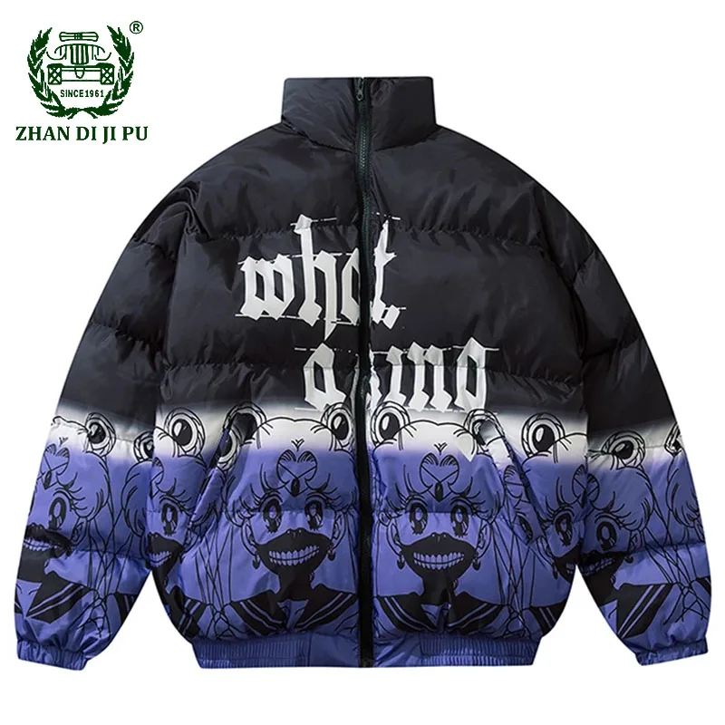 

Hip Hop Gradient Cartoon Girl Print Parkas Mens Harajuku Oversized Loose Casual Cotton Coats Unisex Winter Padded Warm Jackets