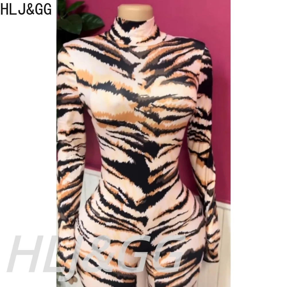 HLJ&GG Modische Tiger-Print Bodycon Einteiler-Sets für Damen, Hochkragen, Langarm, Schlanke Playsuits, Sommer-Streetwear 2026