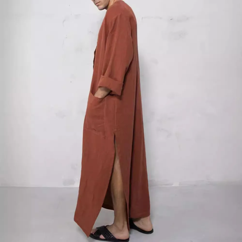 Moda musulmana Jubba Thobe Dubai Nuovi uomini Colletto allentato in piedi Abito a maniche lunghe Stile etnico Camicie lunghe da uomo mediorientale