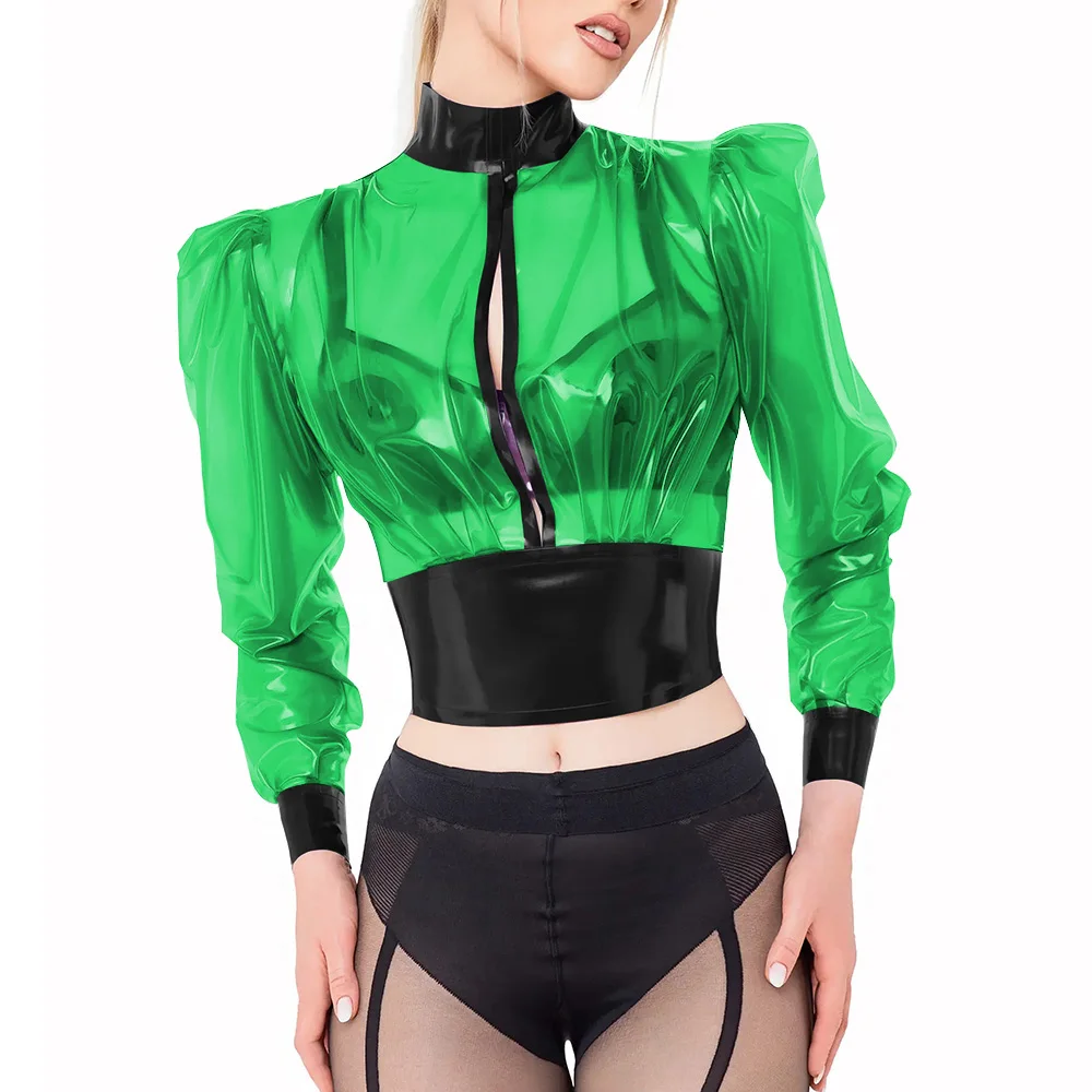 

Transparent PVC Crop Tops Wetlook Fetish Plastic Long Sleeves Fetish Tops High Neck Nightclub See-Through Blouses Party Outfits