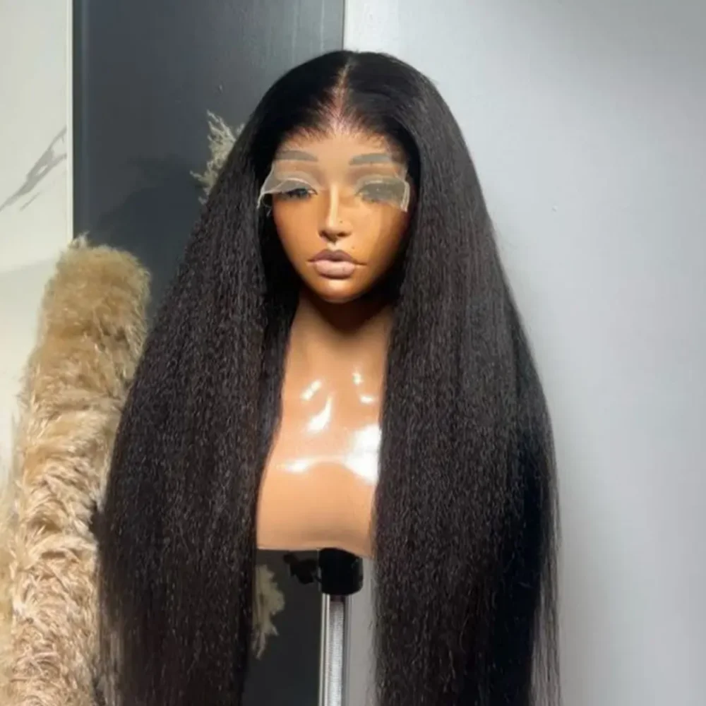 

Black Yaki Straight Soft Pre-plucked 26" 180 Density Glueless Synthetic 13X4 Lace Front Wig For Women Baby Hair Daily