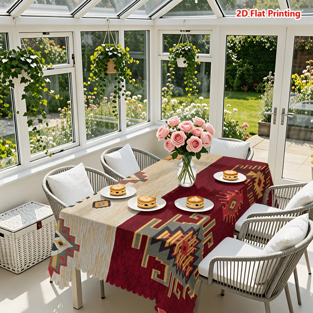 1pc tablecloth, geometric tribe totem print polyester fiber tablecloth, southwestern rural farmhouse style