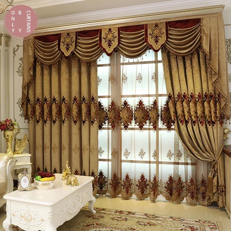 European Luxury Embroidered Curtains for The Living Room Curtains for Bedroom Brown Tulle Windows Blackout Backdrop Valance