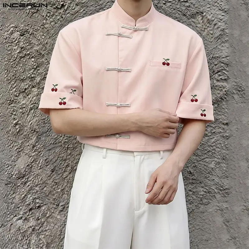 INCERUN Men's Shirt Printing Vintage Stand Collar Short Sleeve Crop Tops For Man Summer Streetwear Loose Casual Men Clothes 2026