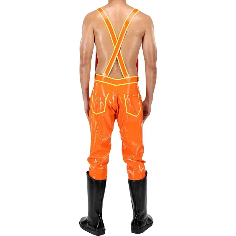 Orange And Yellow Sexy Latex Overall With Pockets Buttons Rubber Catsuit Bodysuit Zentai Body Suit