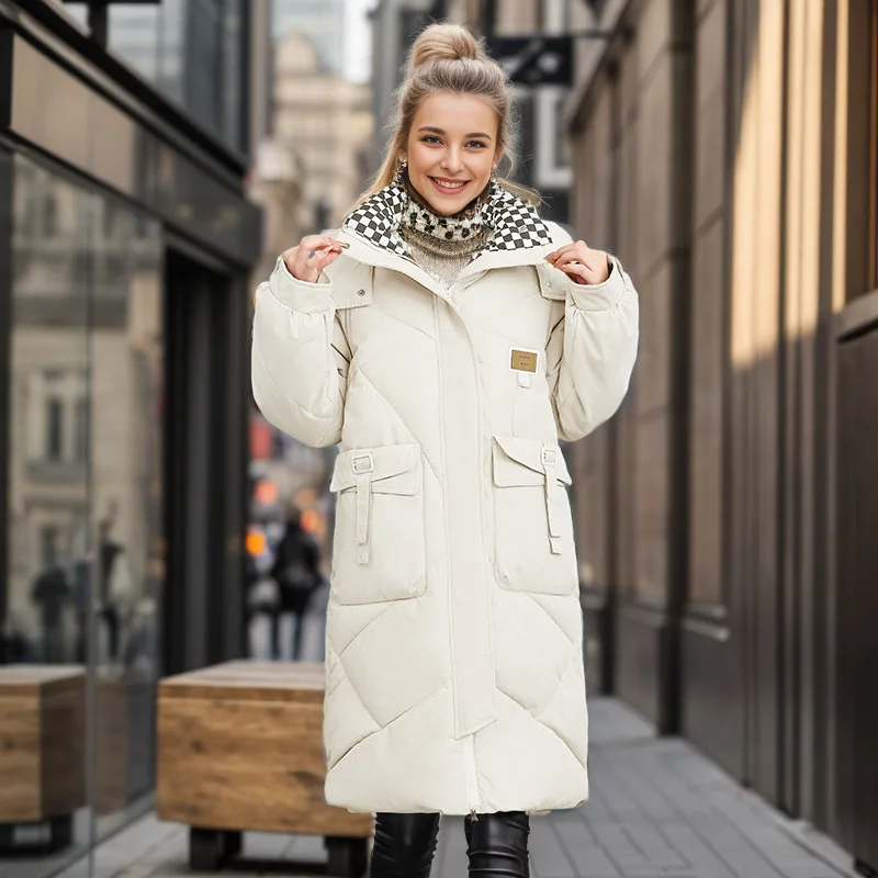 

Женская зимняя куртка 2025 года, клетчатая куртка с воротником с лацканами и большим карманом, женская утепленная хлопковая куртка, длинная стильная женская хлопковая верхняя одежда