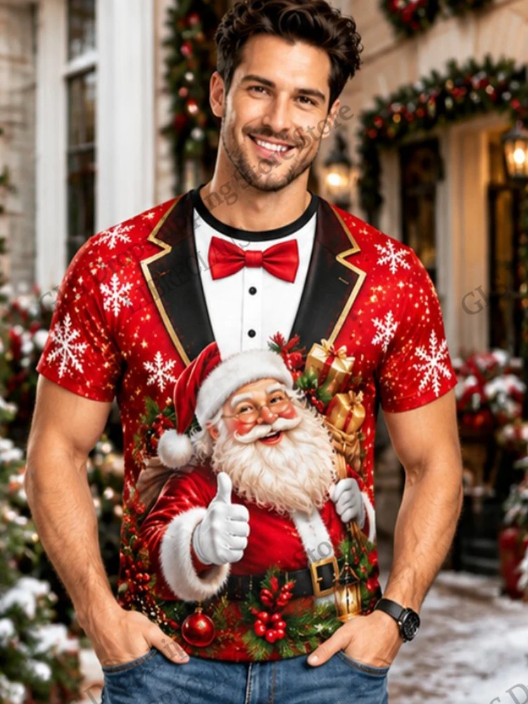 Funny Men Tshirt Christmas Fake Suit 3d Print T-shirt Men Women Fashion Short Sleeve Santa Claus Tops Tees Men Clothes Snowflake