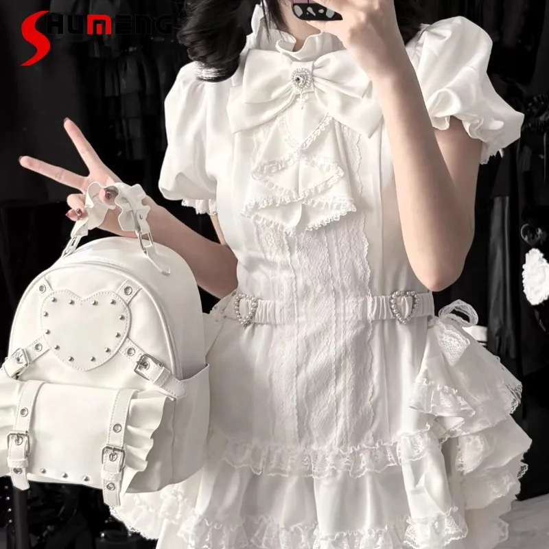 

Mine Series SC Puff Sleeves Dress Suit Kawaii Clothes Japanese Elegant Gothic Style Lace Short Dresses And Shorts Two Pieces Set