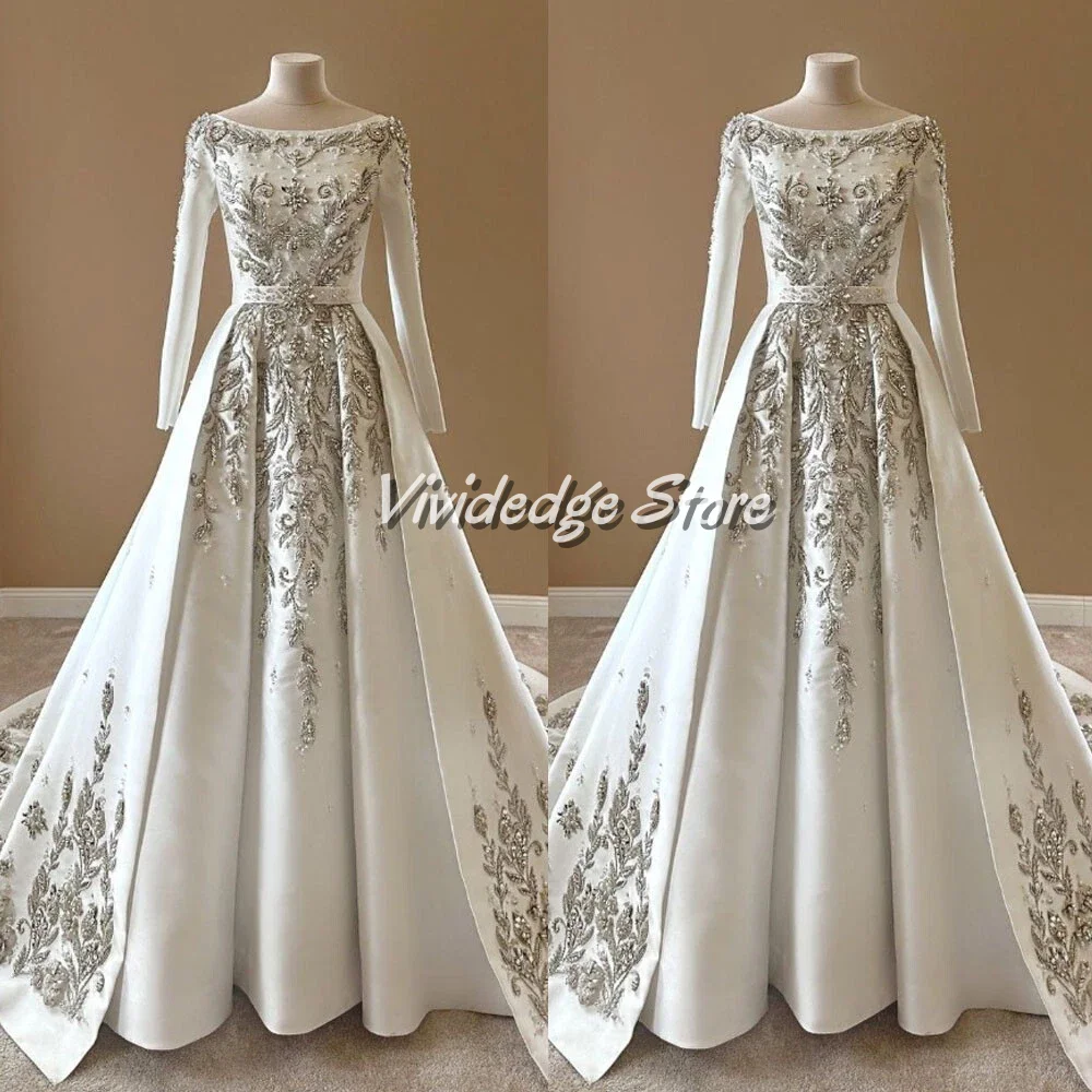 Customized Gorgeous White Round Neck Beaded Studded Wedding Dresses Long Sleeve A-Line and Floor Pleated Trailing Hem Muslim