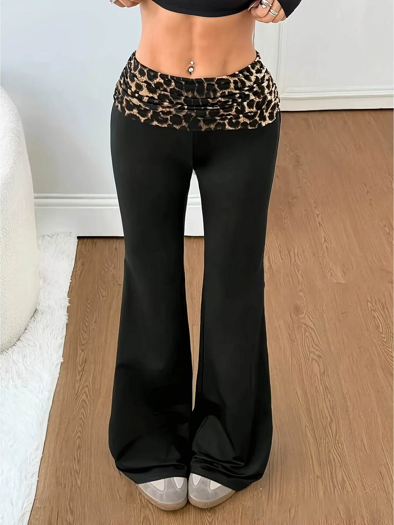 Leopard Polka Dot Low Rise Fold Over Waistband Flare Pants Women Slim Bootcut Bell Bottom Trousers Casual Y2K Streetwear Long