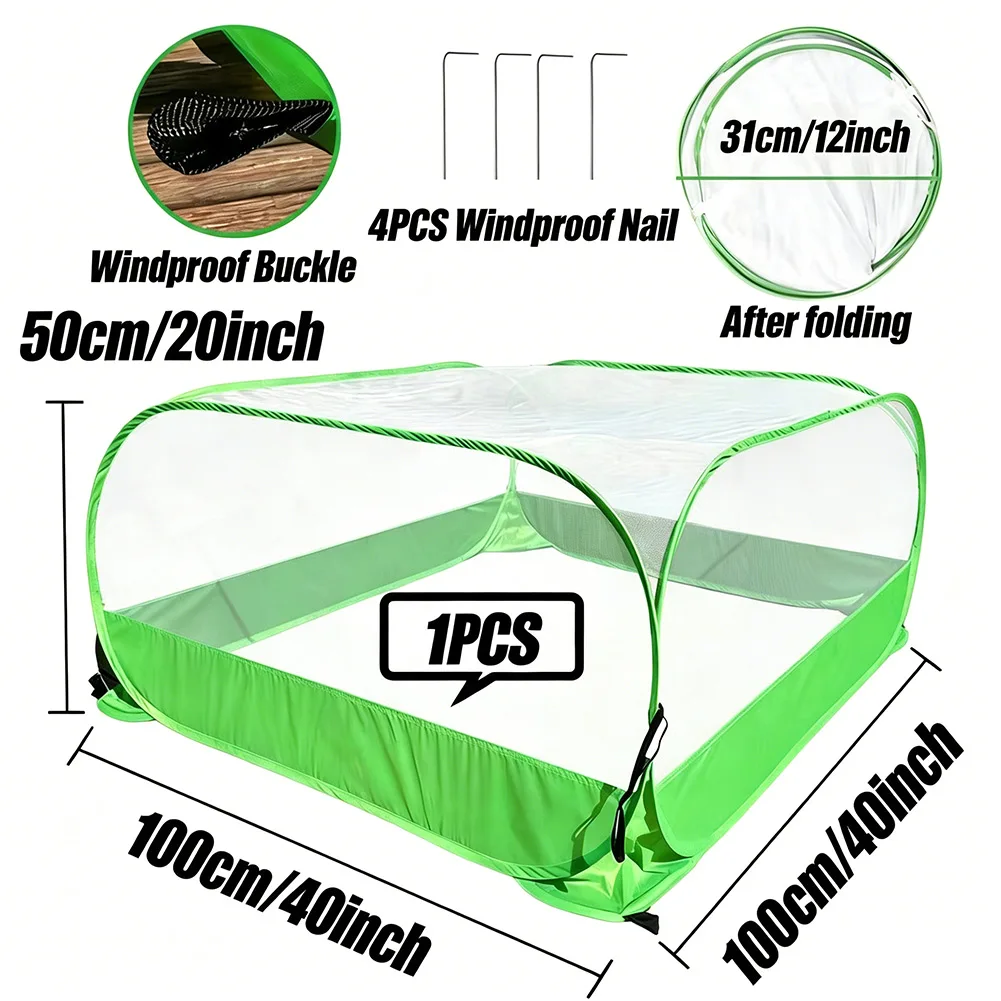 Raised Bed Plant Cover 100x100x50cm Green Polyester Mesh Enclosure with Corner Rings and Ground Stakes for Security