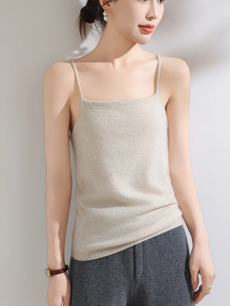 Women Premium Pure Cashmere Knit Cami Slim Fit Spaghetti Strap Tank Top Breathable Summer Base Layer with Chic Side Gathering