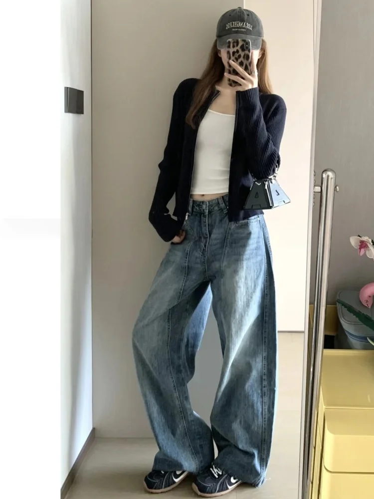 

High Waist Wide Leg American Retro Scythe Jeans Women's Loose Fit Spring Denim Pants Slimming Straight Cut Casual Trousers