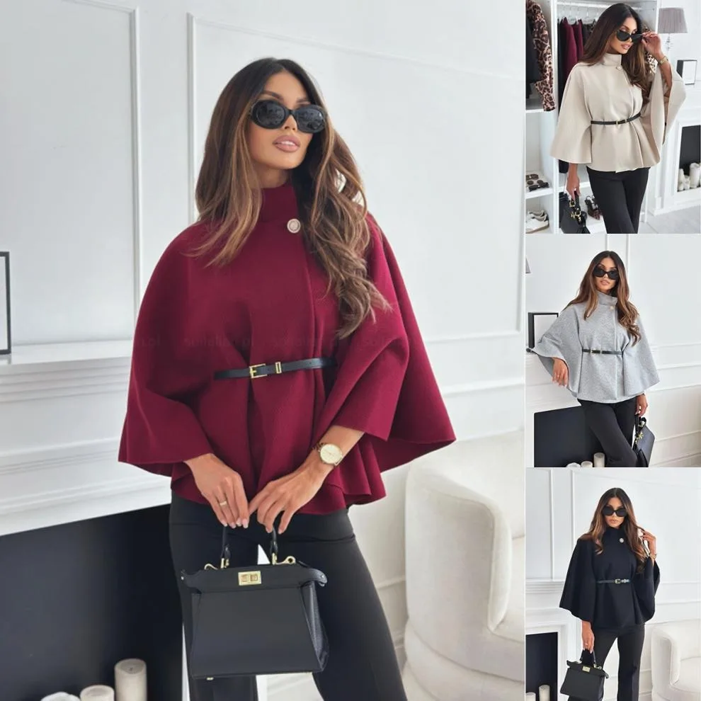 

Faux Fur Cloak Jackets Women Loose StandNeck Three Button Wide Sleeves Belt Coats Female 2025 Autumn Solid Chic Fashion Outwears