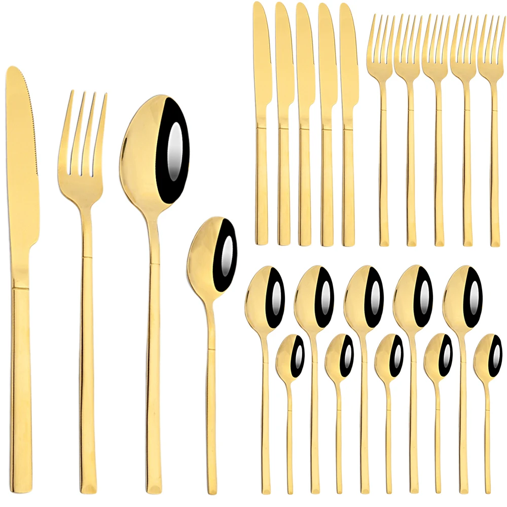 

AJOYOUS 24Pcs Gold Dinnerware Set Stainless Steel Flatware Kitchen Cutlery Mirror Silverware Knife Fork Tea Spoon Tableware