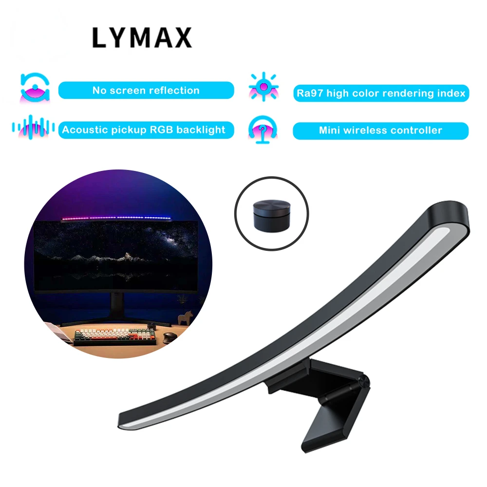 

LYMAX RA97 Curved Screen RGB Color sound-sensitive music PC hanging game Light Dimming Eye-Care wireless remote control