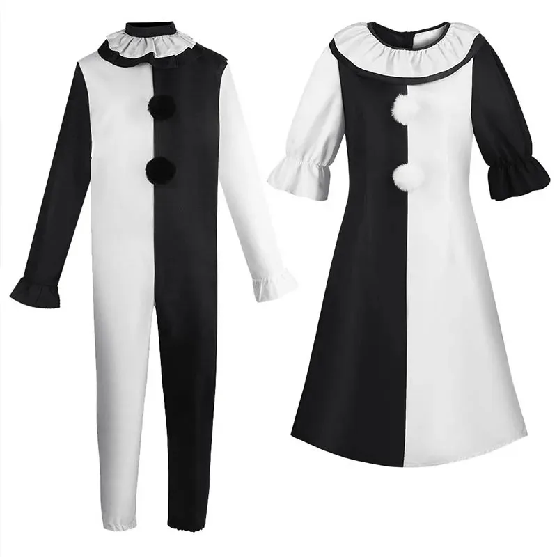 Wat99 المرعب تأثيري حلي أنثى/ذكر الرعب كرنفال حفلة الجلد ضيق أسود أبيض القاتل المهرجين بذلة ل H 2025 جديد