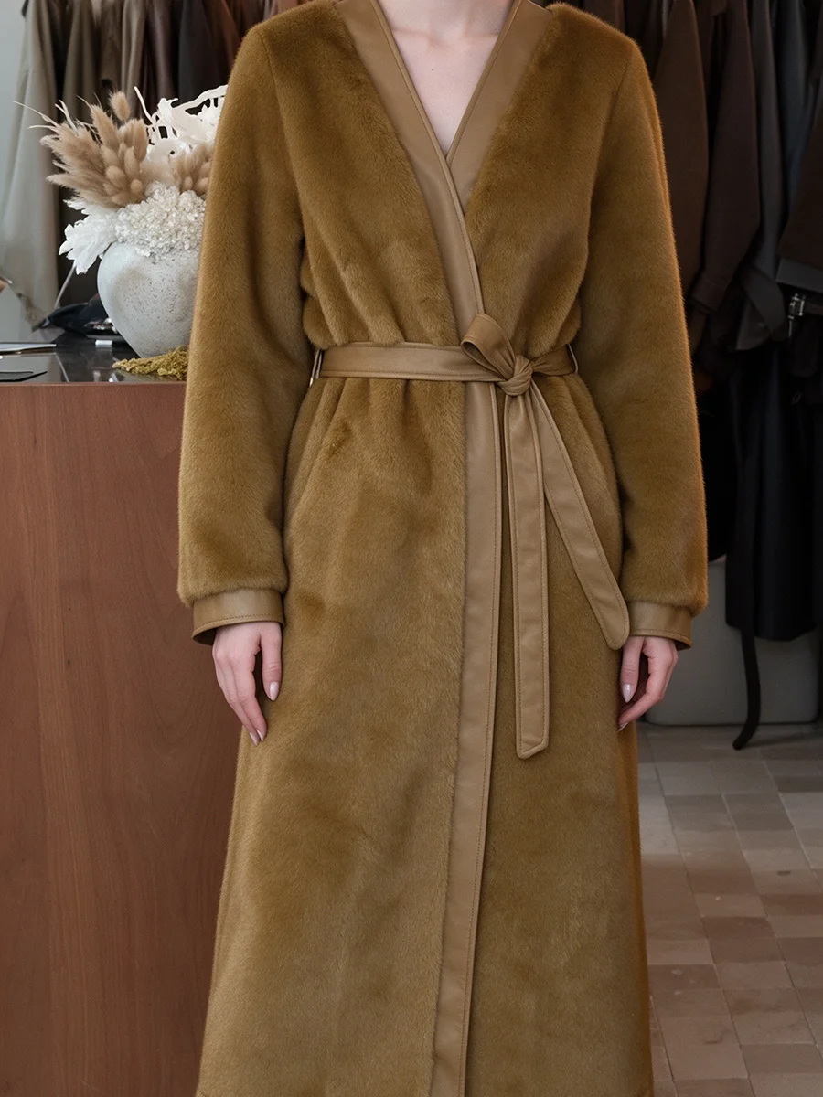 Women V-Neck Faux Mink Fur Long Coat With Belt Brown Luxury Warm Winter Overcoat Spliced Leather Trim Outerwear
