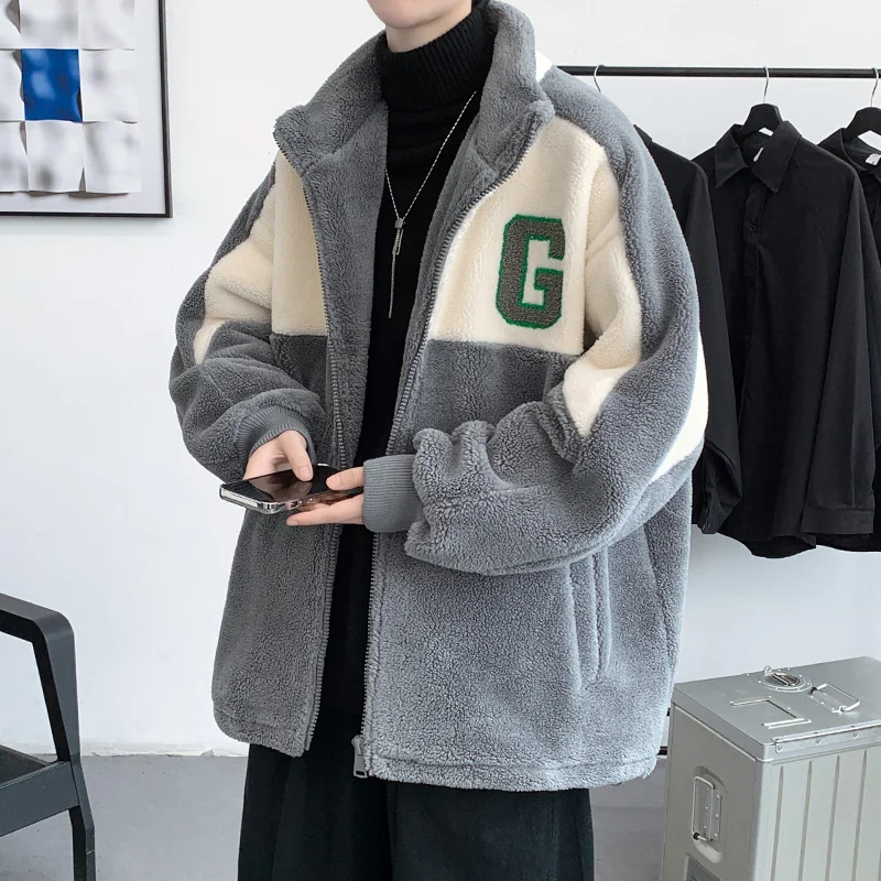 

Thiened Fce Lined Men's Cotton Jaet American High Street Sle Winter Coat Youth Trendy Lamb Fur Outerwear Casual Wear