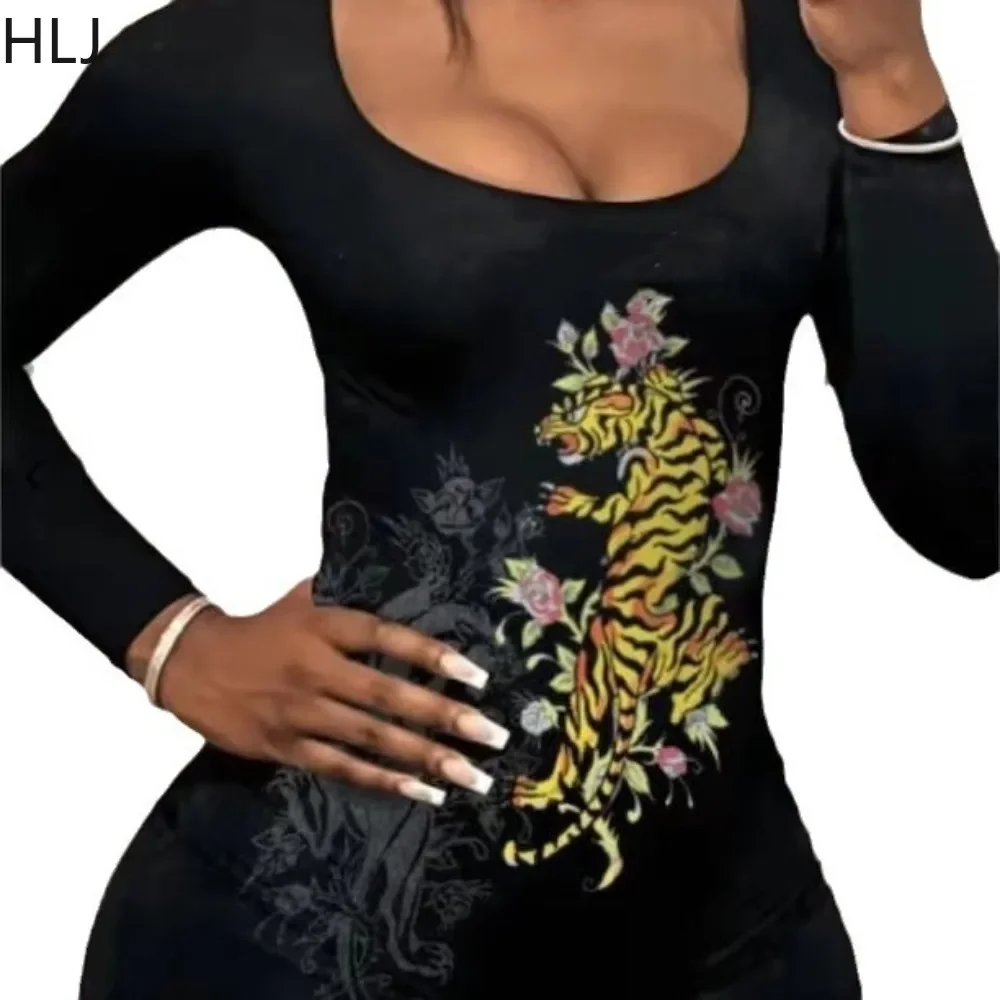 HLJ&GG Black Sexy Y2K Pattern Printing Bodycon Rompers Women Round Neck Long Sleeve Jumpsuits Fashion Female INS New Playsuits