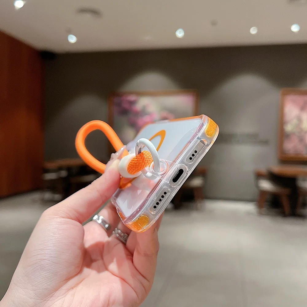 Magnetic Wrist Strap Transparent Candy Frame Phone Case For iPhone 15 11 12 13 14 16 Pro Max Plus Shockproof Fall Prevention
