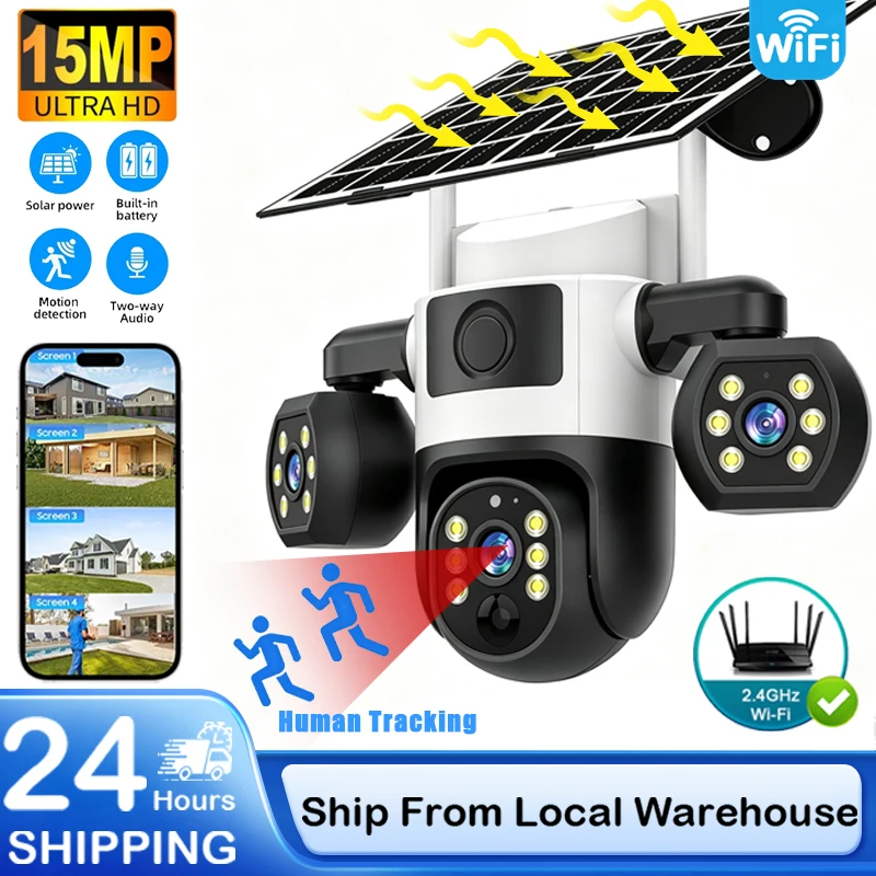 Telecamera Solare HD 15MP per Esterni con Tre Lenti e Tre Schermi, Telecamere IP Wireless WIFI con Batteria Integrata, PTZ con Tracciamento Automatico