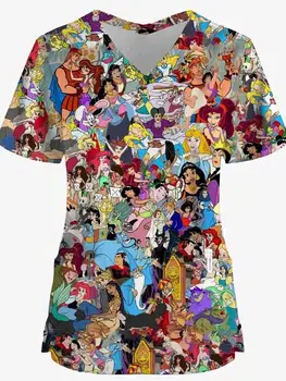 Disney Prinzessin Tasche Damen V-Ausschnitt Krankenschwester Uniform T-Shirt Sommer Kurzarm 2024 Y2k Neues Kleid Kawaii Frau Kleidung S-3XL