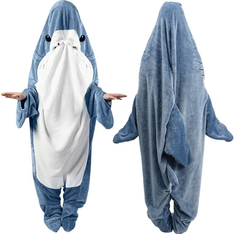 Новое мультяшное сине-серое одеяло с изображением акулы, спальный мешок, пижамы на Хэллоуин, спальный костюм для детей и взрослых, плюшевая толстовка с капюшоном, рыба, косплей Costu # 1