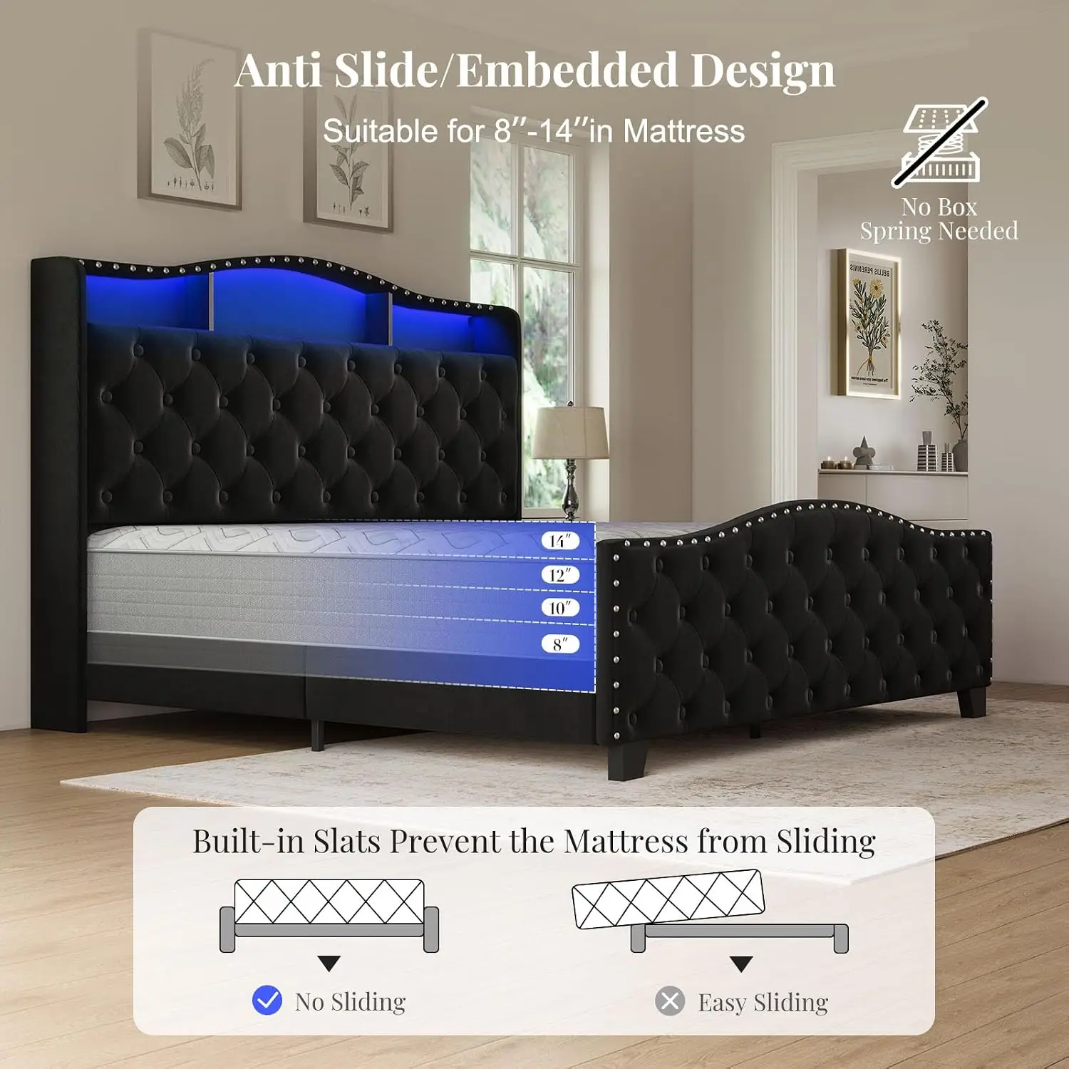 Queen Size Platform Bed Frame with 50.9" LED Headboard, Black | Velvet Upholstered Low-profile Bed, Handmade, Customized - view 5