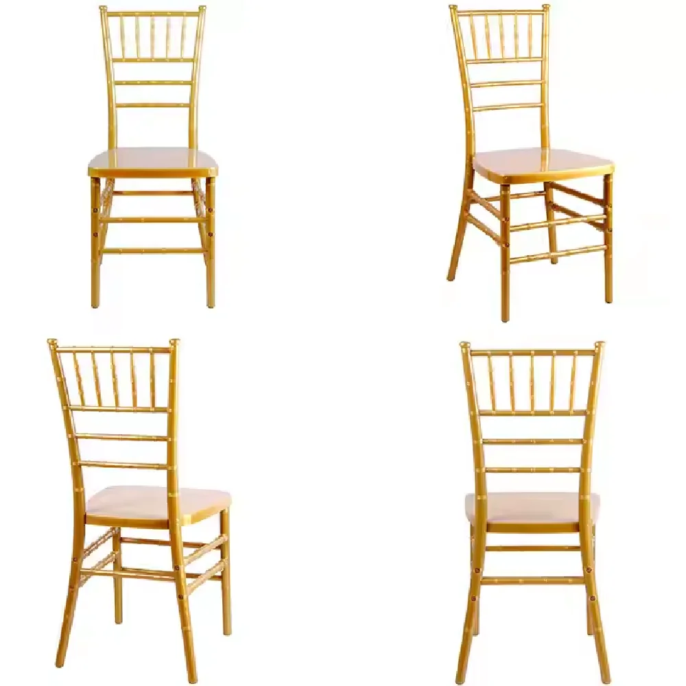 

New Arrival Cheaper Wedding Tiffany Gold Chairs Golden White Cushion Metal Stackable Chiavari Dining Event Banquet Chair