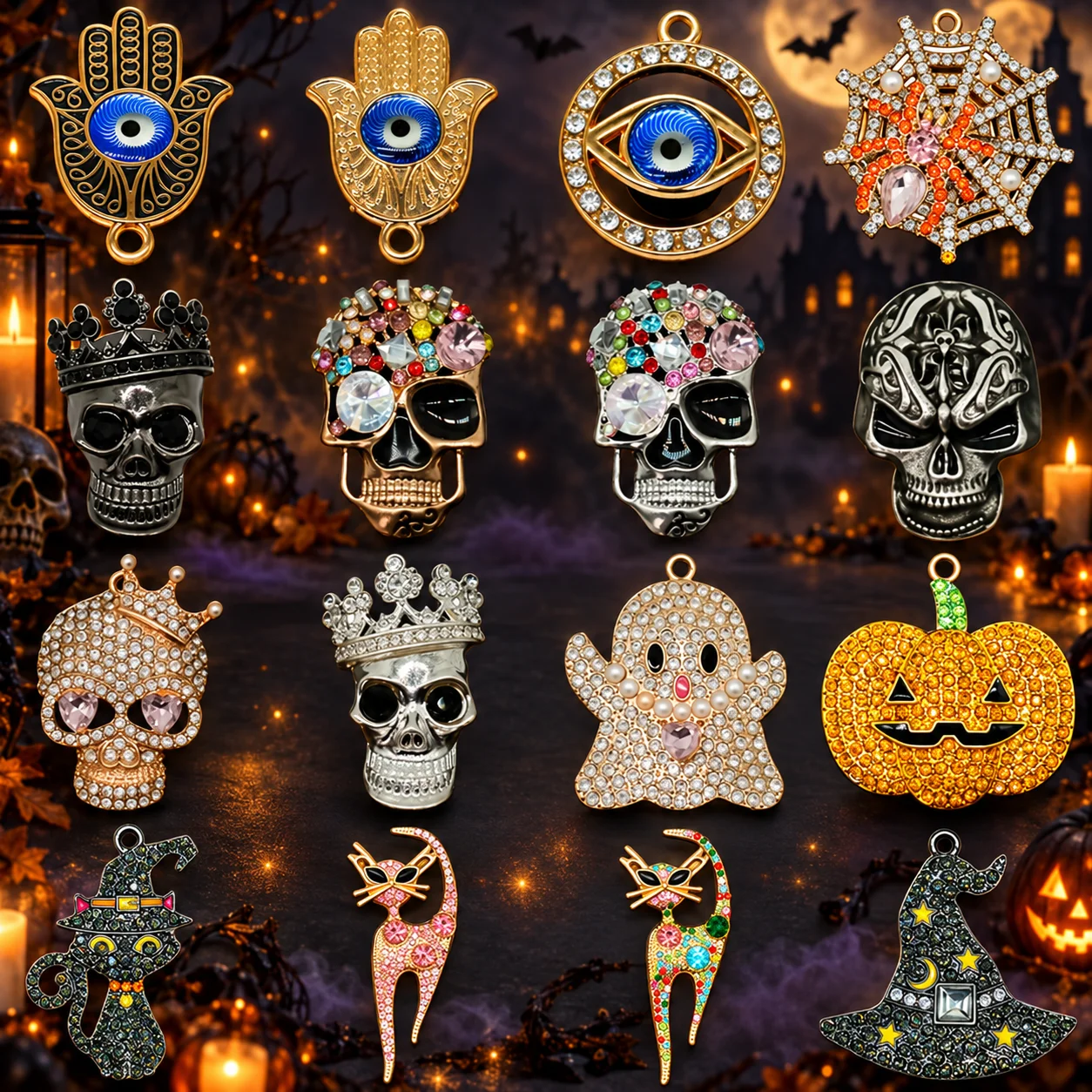 1/16 PCS Kawaii Metal Skull Shoe Charms, Ghost and Pumpkin Accessories for Shoes, Hats Sandals Clogs Buckles