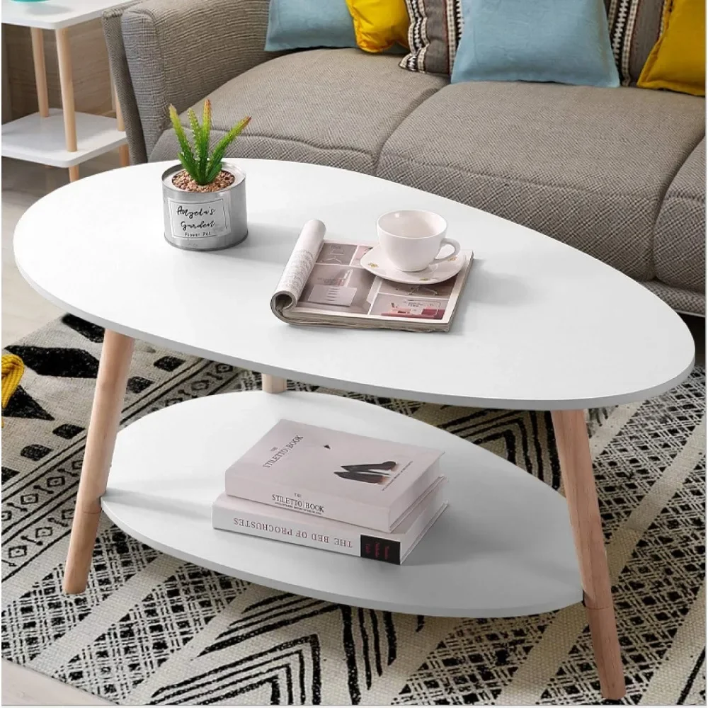 Coffee Table-Oval Wood Table with Open Shelving for Storage and Display 2 Tier Sofa Table, Small Modern Furniture