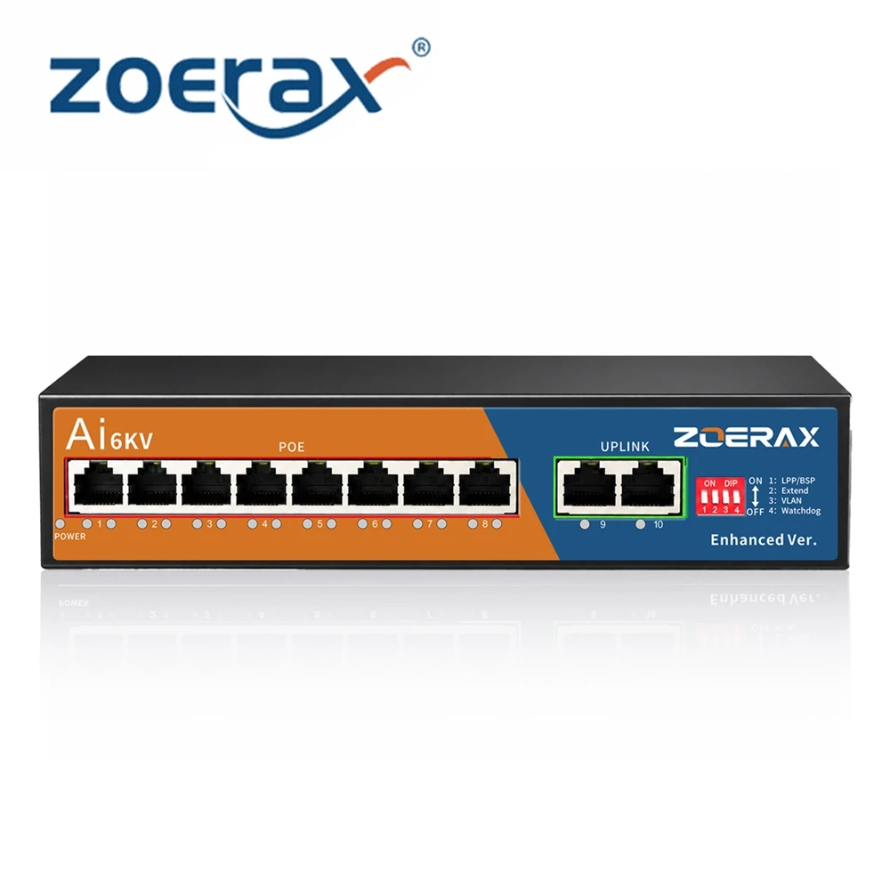 zoerax-commutateur-reseau-gigabit-poe-a-8-ports-2-ports-gigabit-pour-liaison-montante-mode-vlan-et-ia-activables-en-un-clic-portee-de-250-m-protection-contre-la-foudre-de-6-kv